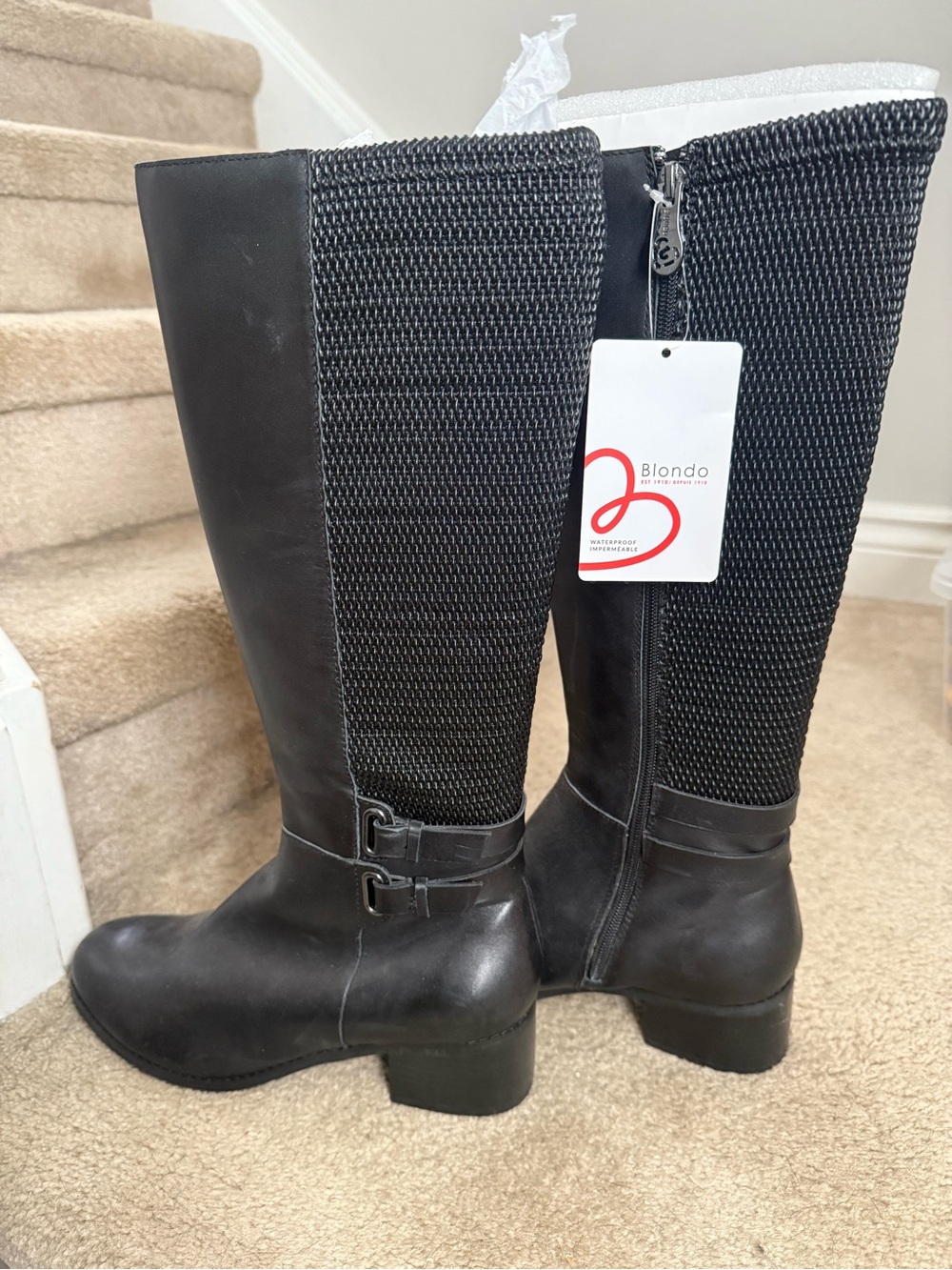 Blondo Black Leather & Knit Mid-Calf Riding Boots